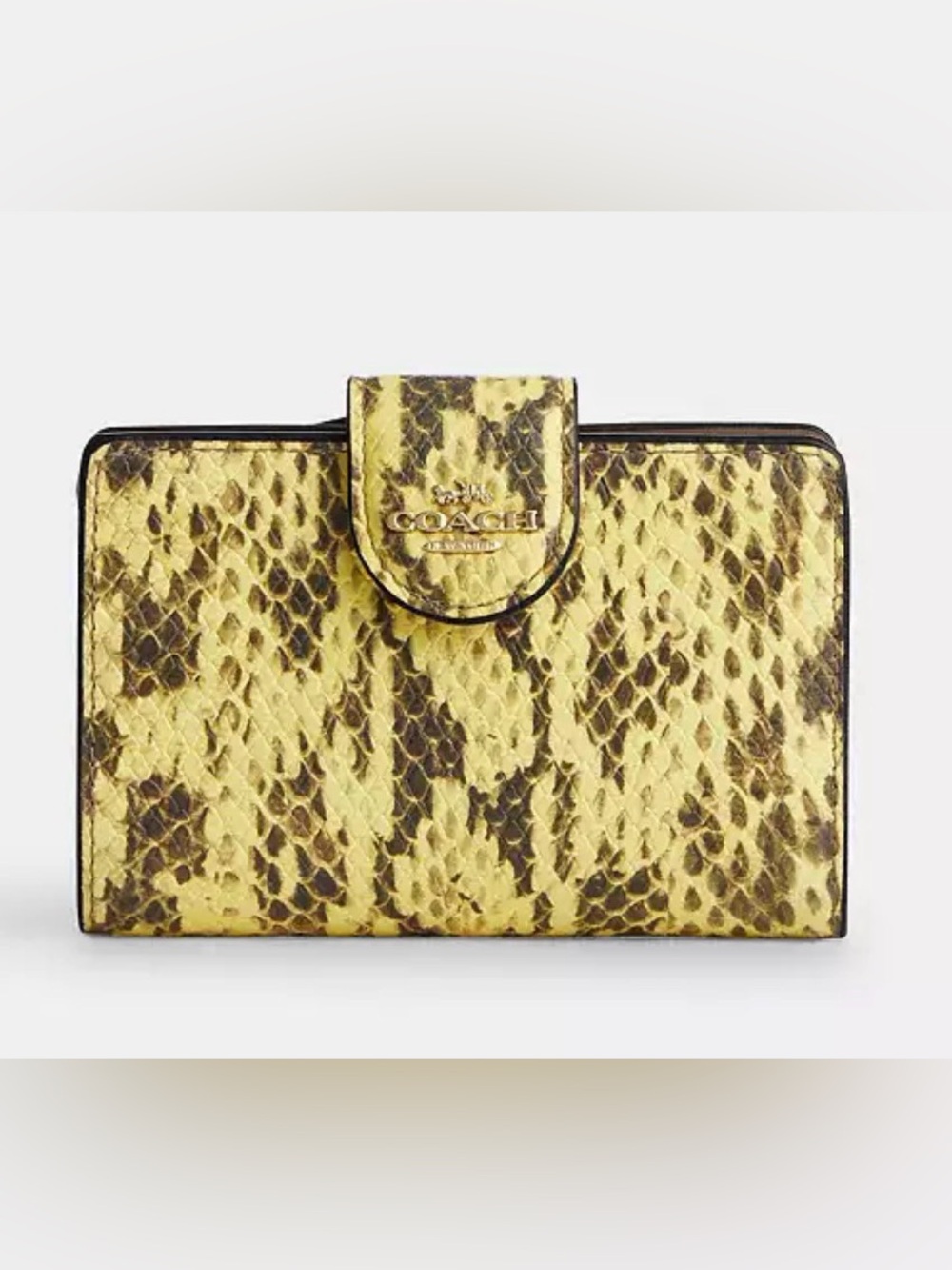 Coach Medium Corner Zip Wallet CEL81 snake embossed leather/Gold/Yellow New